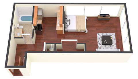 a 3d view of a living room with a wood floor